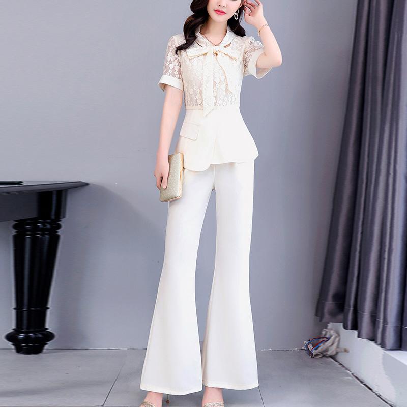 

Women's Two Piece Pants Elegant Work Wear Set Summer Clothes For Women Lace Splice Top And Flare Suits Matching Sets Casual OutfitsWomen's, Beige