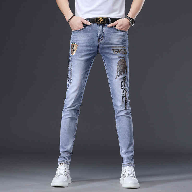 

Men's Jeans Blue slim fit small foot elastic fashion brand letter embroidery hot drill jeans pants men's summer, 6622 blue