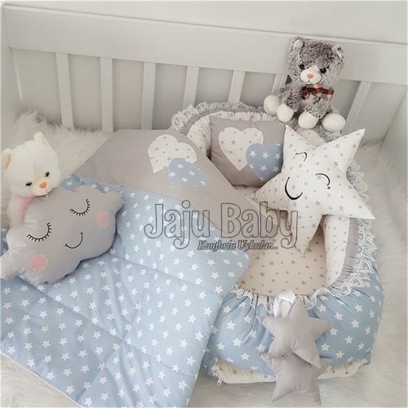 Jaju Baby Handmade Blue Star Design Luxury Orthopedic Babynest and 5 Piece Bedding Set Mother Side Portable Baby Bed Sleeping 220531