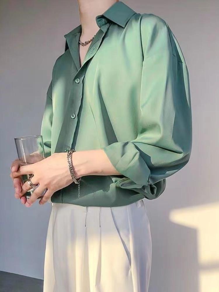 

Men' Tracksuits Ice Silk Long-sleeved Shirt Suit Men Trendy Handsome Hong Kong Style Casual Male Solid Color Button Beige TrousersMen, Light blue tshirt