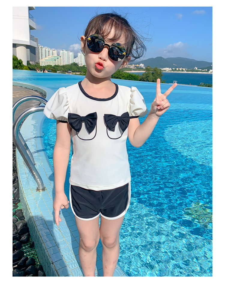 

sweet girls princess swimsuit Two-Pieces Korean style kids bowknot short sleeve Tops +Swim Trunks children Spa beach bathing suit S2052, As the picture
