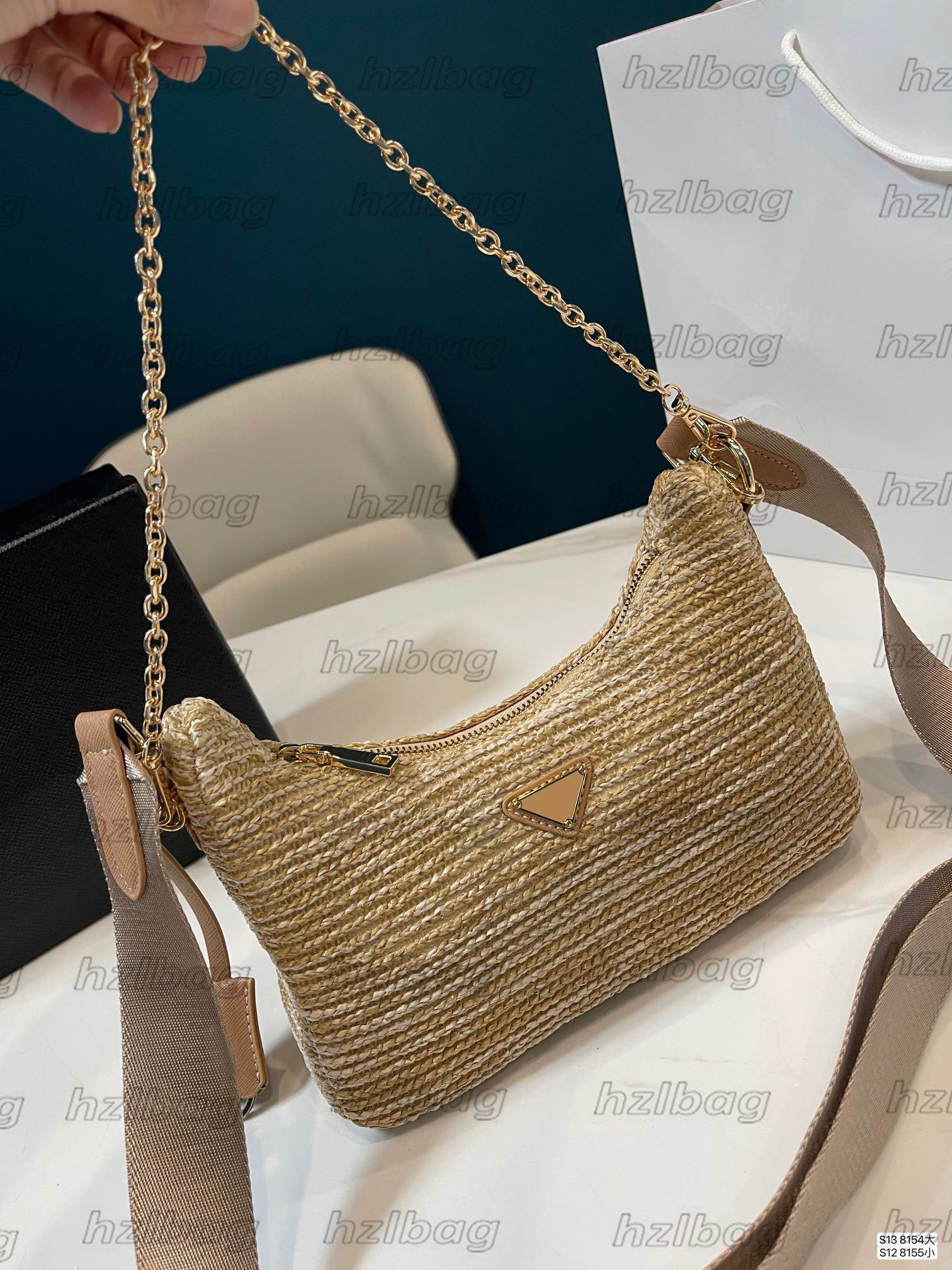 

Re-Edition 2005 Staw Mini Hobo Bag Designer 2 pcs Raffia Shoulder Bag Luxury Nylon Chain CrossBody With Coin Purse Black/Black/Pink/Blue, Color 01