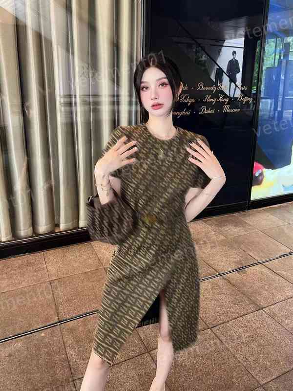 

Womens Dresses Fashion Slant Slit Belt Corset Round Neck Short Sleeve Dress High Quality Luxury Dress Designer Women Clothing