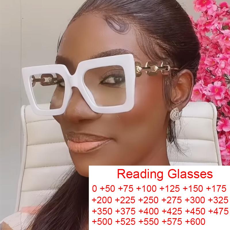 

Sunglasses White Oversized Square Reading Glasses Women Retro Metal Chain Transparent Eyewear Anti Blue Light Computer Prescription GlassesS