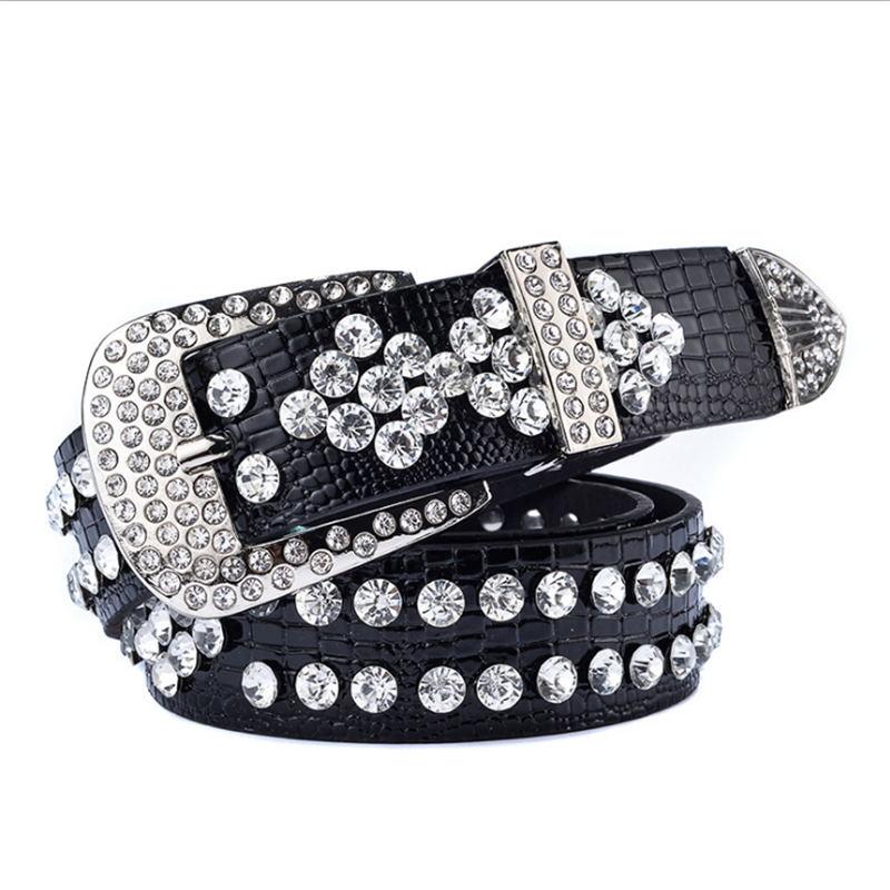 

Belts Fashion Western Cowgirl Cowboy Bling Pin Buckle Inlaid Trendy Rivet Belt Ladies Wild Waist Chain Rhinestone Diamond Metal BeltBelts, Red