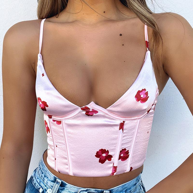 

Forefair Staghetti V Neck Satin Corset Top With Straps 2022 Summer Floral Print Clothes Blue Sleeveless Club Women Crop Tops Women' Tanks, Ch-01