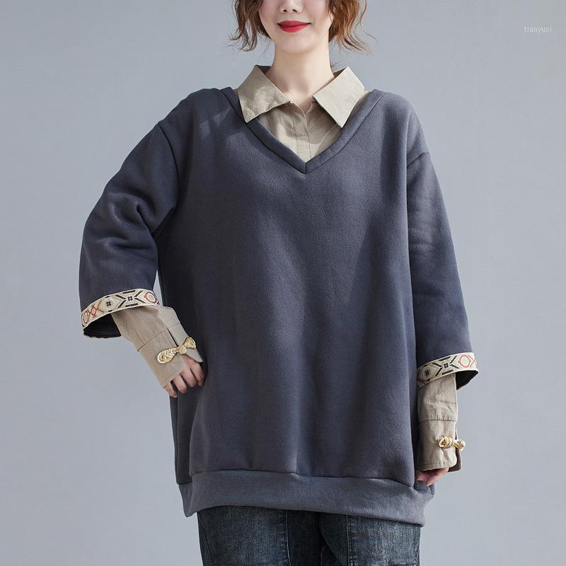 

Johnature Casual Patchwork Fake Two Sweatshirts Pullovers Turn-down Collar 2022 Winter Worm Vintege Women's Hoodies &, Gray