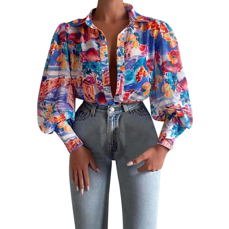 

Women' Blouses & Shirts For Women Fashion 2022 Sexy Long Sleeve Printed Shirt Cardigan Temperament Casual Top Blusas Mujer De Moda 2022Wome, Sky blue