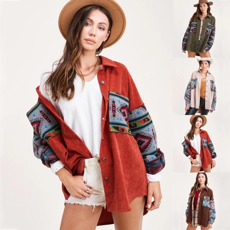 

Women' Jackets Corduroy Retro Jacket 2022 Spring Shirt Style Stitching Printing Pocket Long Sleeved Female CoatWomen, Red wine