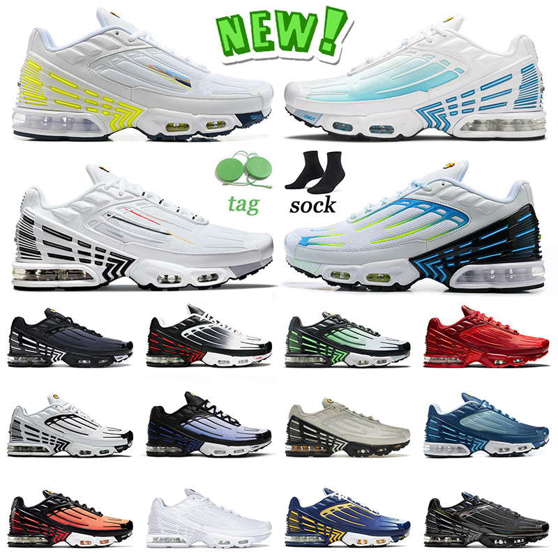 Nouveau TN Plus 3 Chaussures de course Tuned Baskets Laser Bleu Multi Blanc Argent Obsidienne Noir Rouge Vert et Aqua Crimson Rouge Bone Hyper Ou