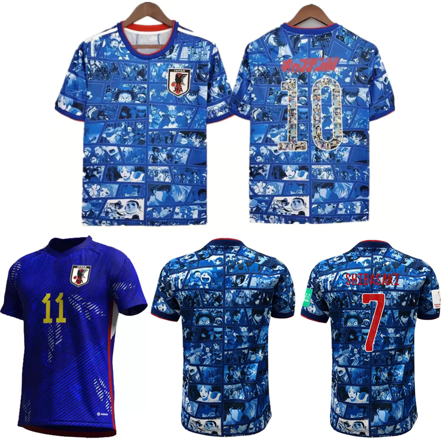 

22 23 Soccer Jerseys Japan Cartoon Captain NAKAJIMA MINAMINO KAGAWA SHIBASAKI TSUBASA ATOM Japanese home away maillot Football Shirts Men kids kit Player Fans woman, 22 23 blue kit with socks