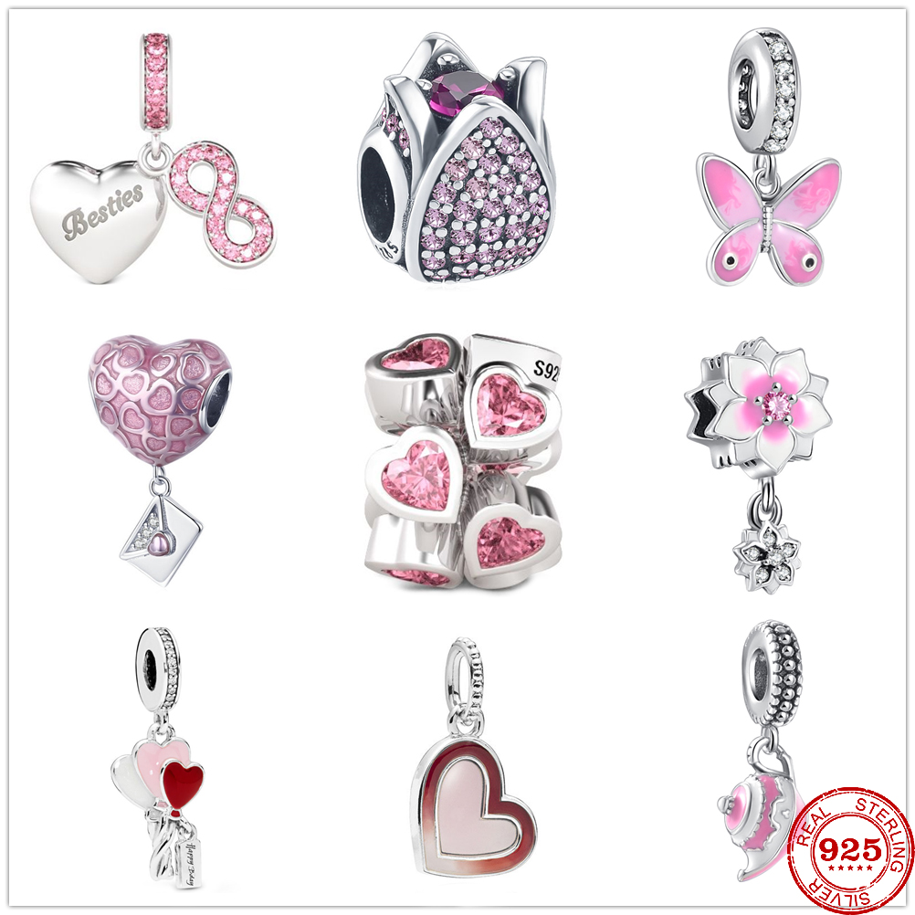 925 Silver Fit Stitch perle rose rose papillon en forme de coeur B Bracelet Perles de charme enrout de bijoux de bricolage
