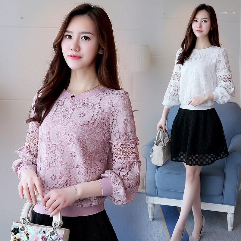 

Spring Autumn Women Long Lantern Sleeve Lace Blouses Lady Casual O-Neck Shirts Hollow Out Tops Feminine Blusas Women's &, Black