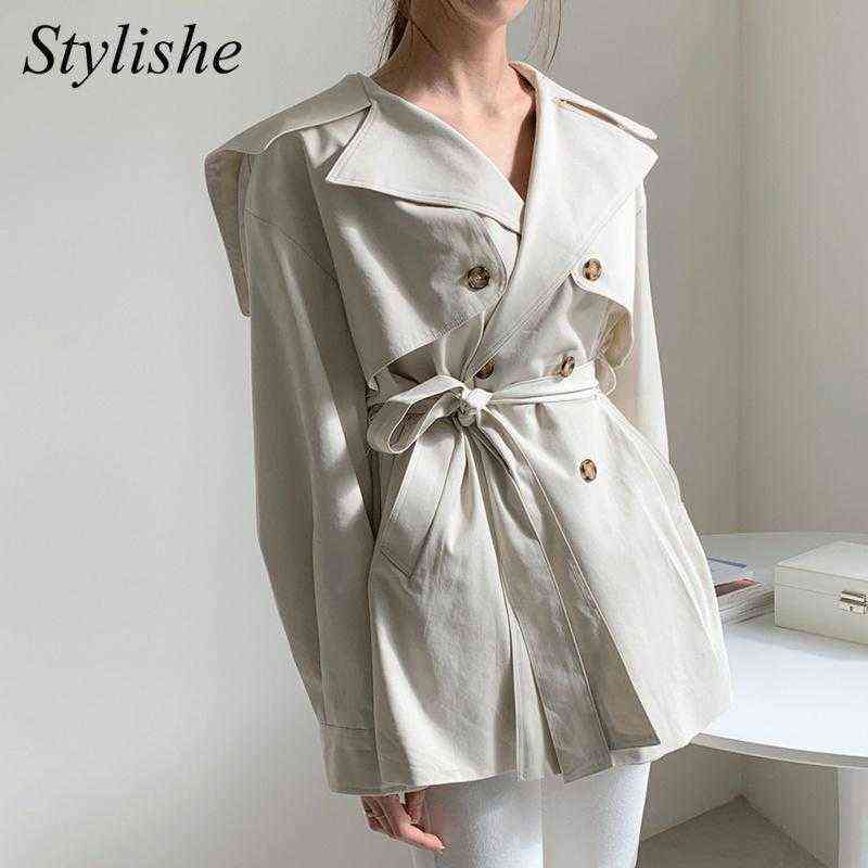 

Women' Trench Coats Belted Windbreaker 2021 Double Breasted White Short Female Coat Autumn Apricot Korean Fashion Loose Jacket Ladies T220811