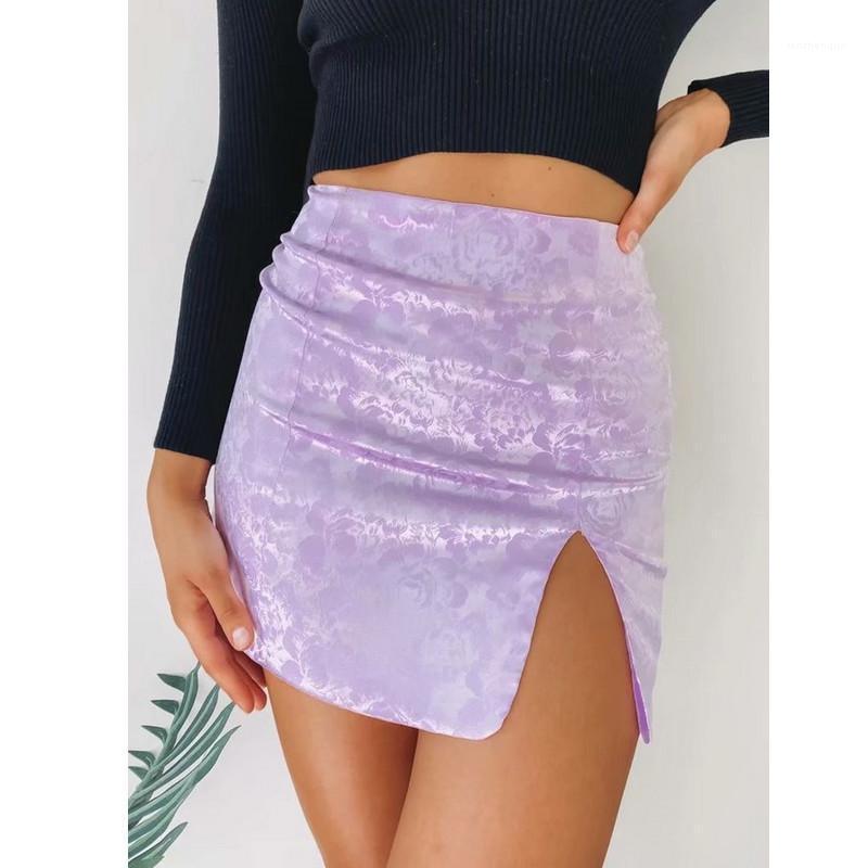 

Skirts Solid Color Purple Satin Silk Skirt Women High Waisted Slit Summer 2022 Elegant Ladies Office