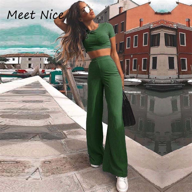 

2 Two Piece Set Women Ribbed O Neck Crop Top and Long Pants Set Sexy Autumn Short Sleeve Tracksuit Women Conjunto Feminino 220610, Pink