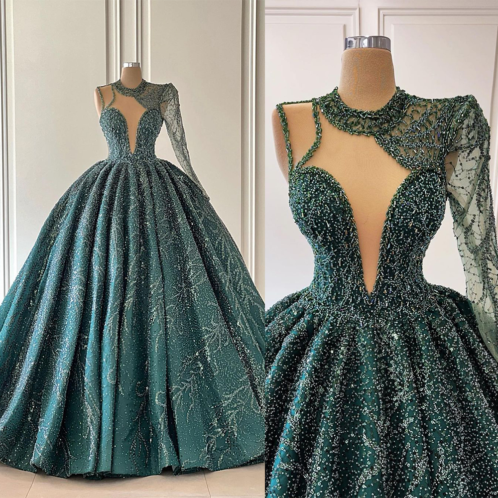 

Dark Green Evening Dresses One Long Sleeve Deep V Neck Halter Satin Floor Length Train Beaded Appliques Sequins Sparkling Celebrity Party Plus Size Prom Dress, Daffodil