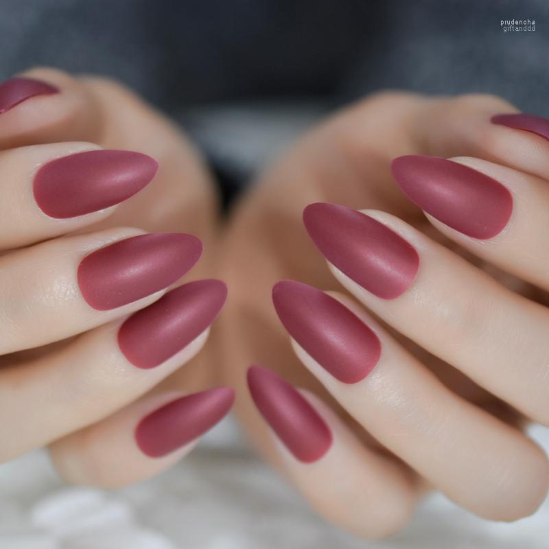 

False Nails Almond Matte Dark Red Artificial Multiple Colour Medium Frosted Nail Art 24pcs Press On Prud22, L5047