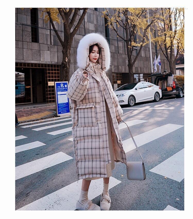 

Women' Down & Parkas 2022 Korean Style Ladies Fashion Retro Big Fur Collar Lazy Wind Mid-length Slit Check Pattern Cotton Coat Warm Trench, Green