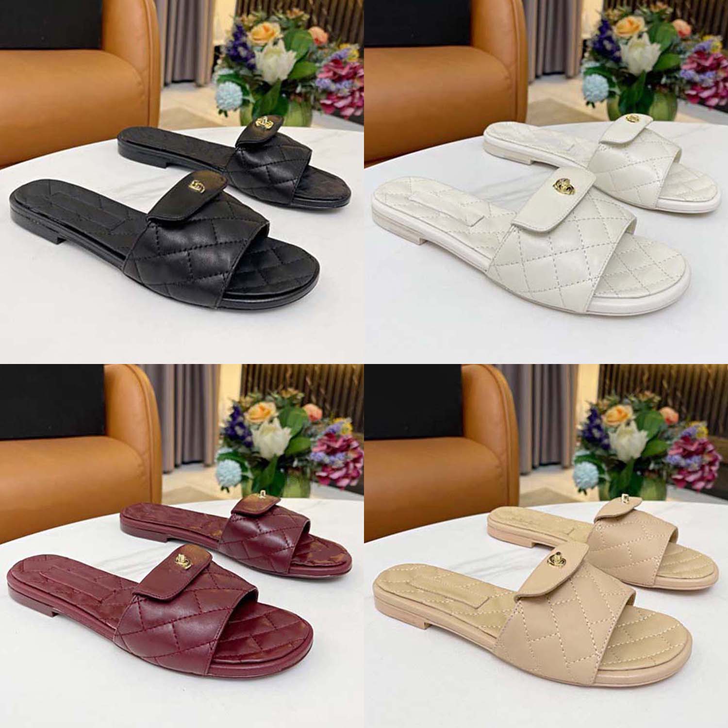 

2022 new Sandal Slippers for women wearing summer new diamond buckle flat flip-flops leather chic and versatile, #21