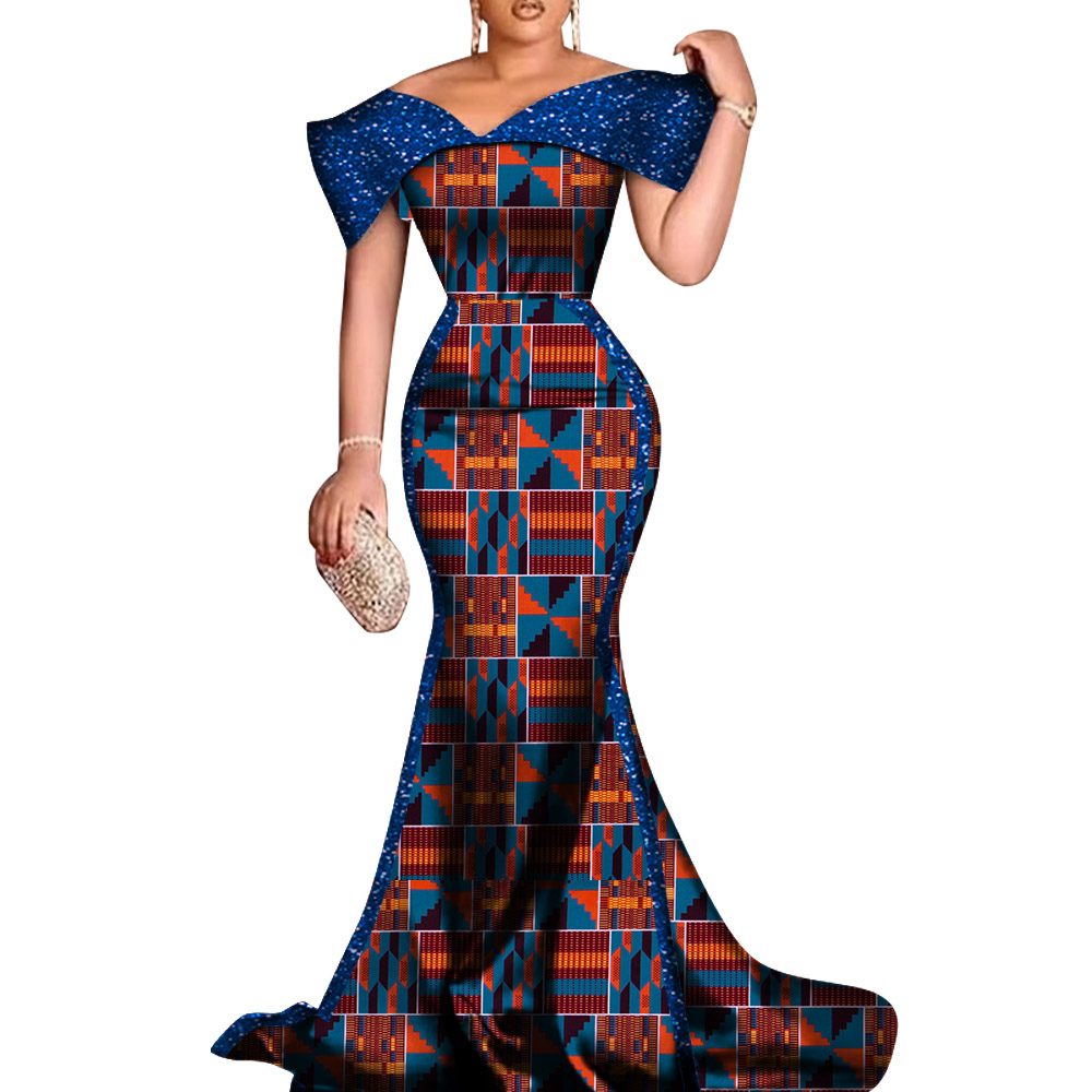 

BintaRealWax New Custom African Evening Dresses for Women Bazin Dashiki African Print Cotton ladies Mermaid Party Dress WY8681