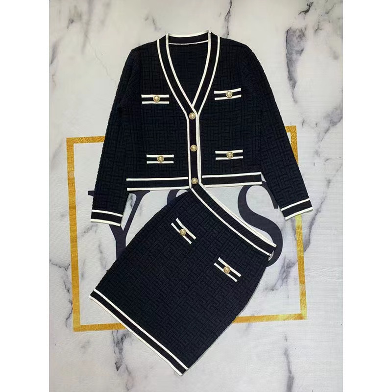 

spring winter Womens small fragrance knitted casual dresses cardigan women style short jacket V-neck suit casual retro skirt, Hi