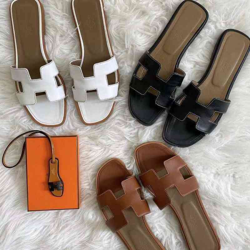 

designer slippers herme shoes classic flat heel h brown white black leather lovers sandals has, Red