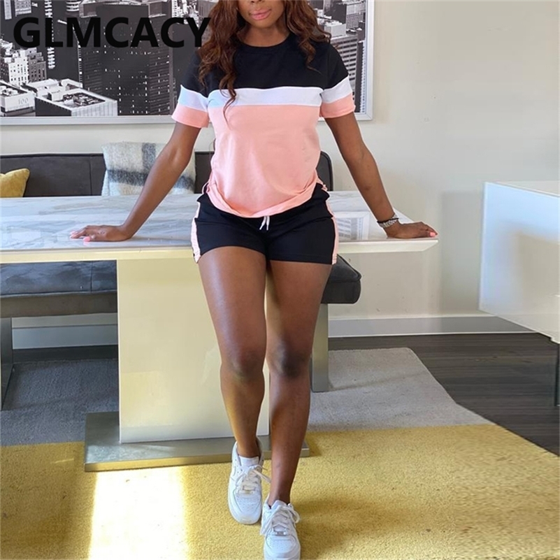 

Two Pieces Sets Women Colorblock O neck Short Sleeve Top T shirt Bodycon Shorts Casual Suits 220616, Pink