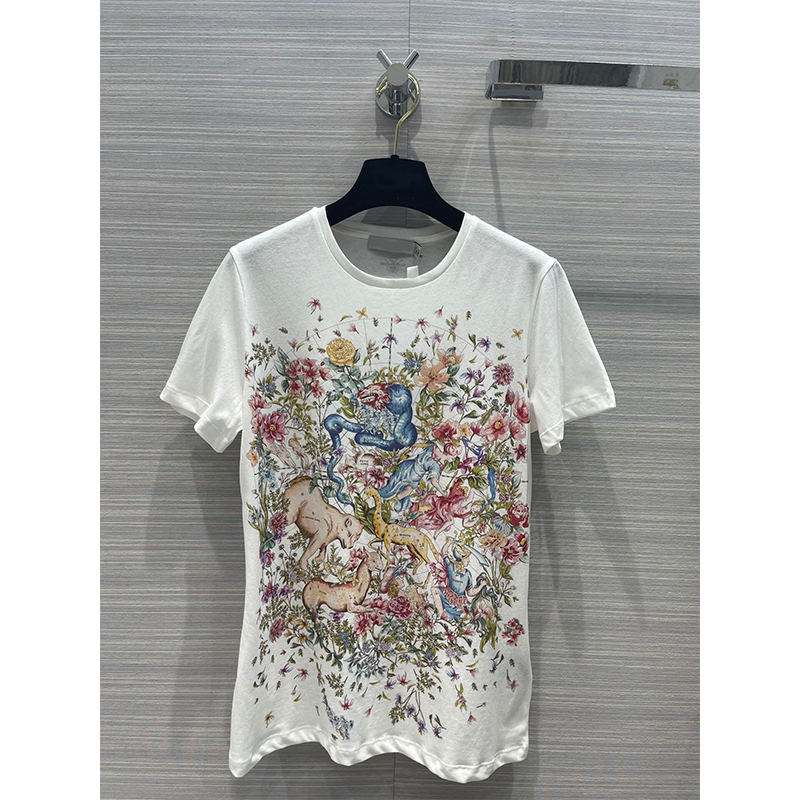 

Summer 2022 Luxury Women's T-shirt Flower Print Short Sleeve O-neck Fashion Designer Loose Lady Elegant Cotton, White