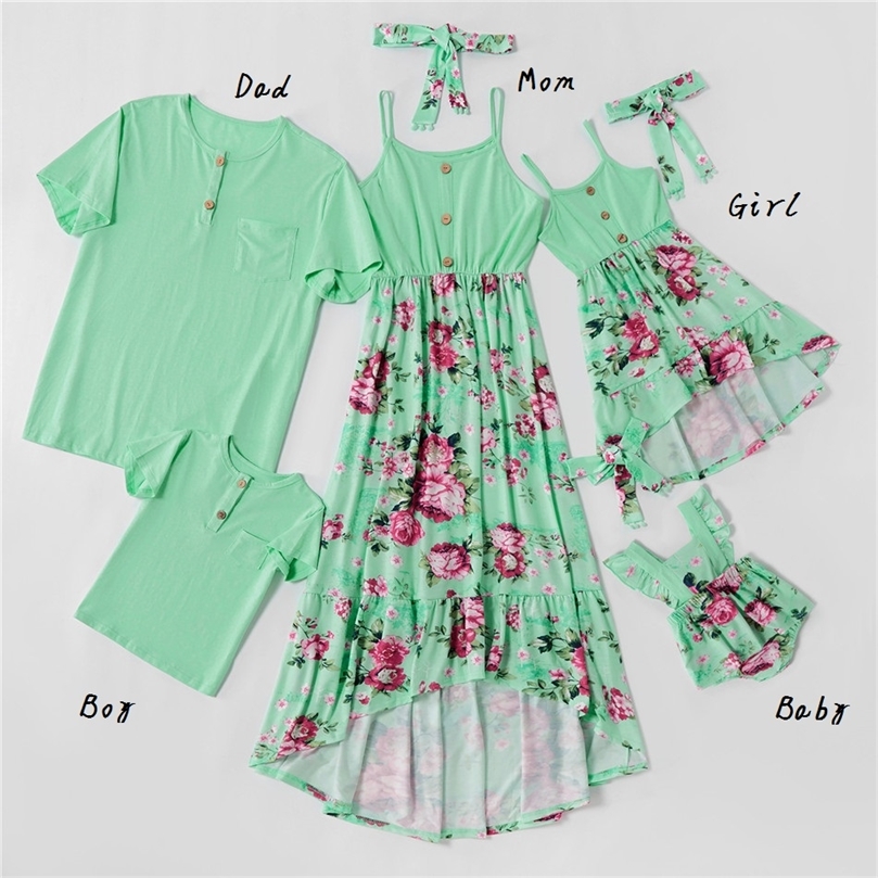 Summer Family Matching Outfits Mother Daughter Halter Dresses Flower Mom Baby Mommy and Me Clothes Father Son Cotton TShirts 220531