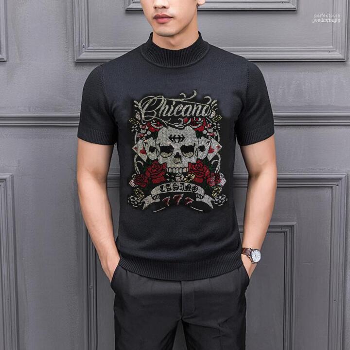 

Men' Sweaters Top Quality Flower And Skull Cool Short Sleeve Rhinestones Male Sweater Boy Slim Pullover Men Thin Casual Oversized Perf22, As show