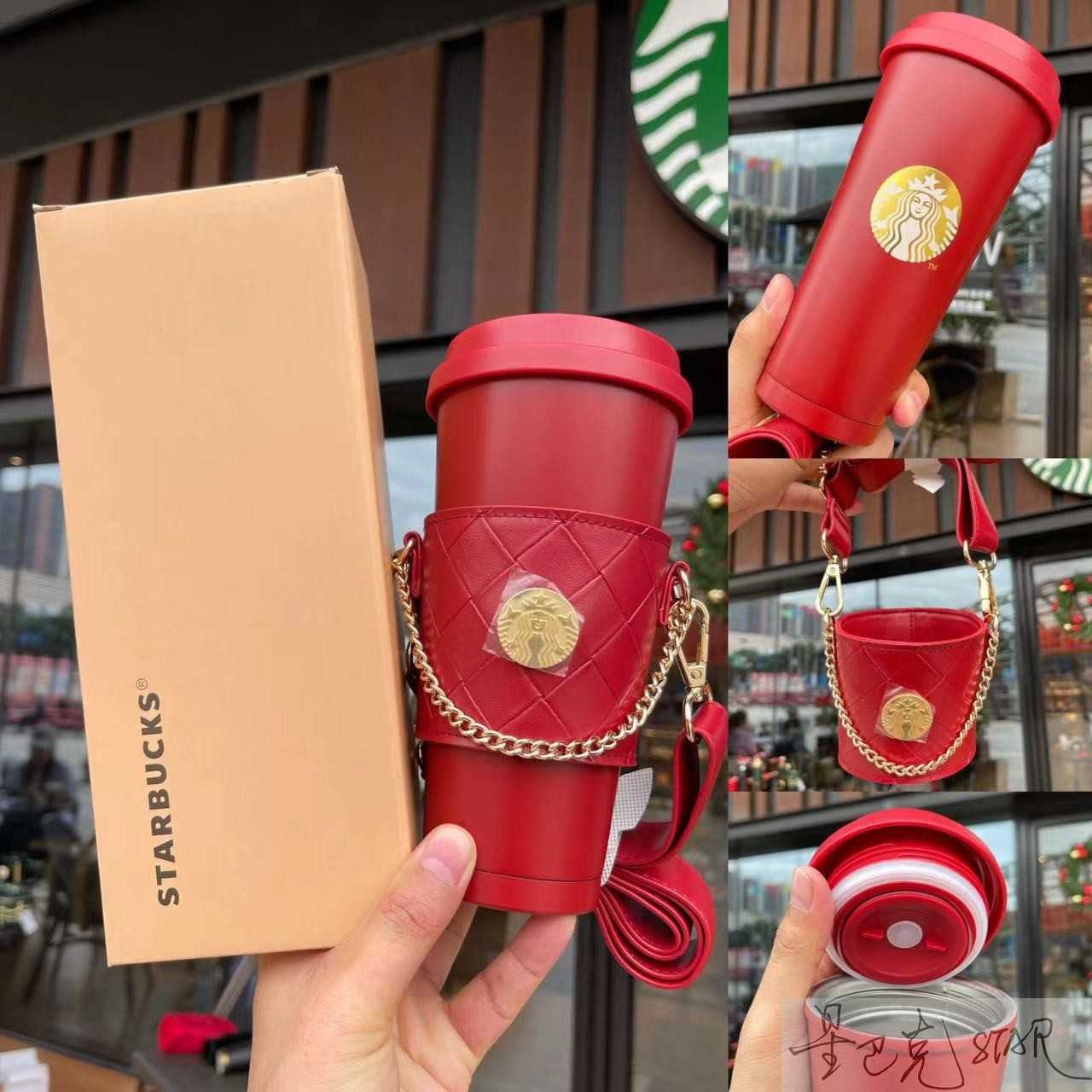 Starbucks New Year Cup 500ml classic vintage red stainless steel traveling cup thermos with checkered cover-image-760525498