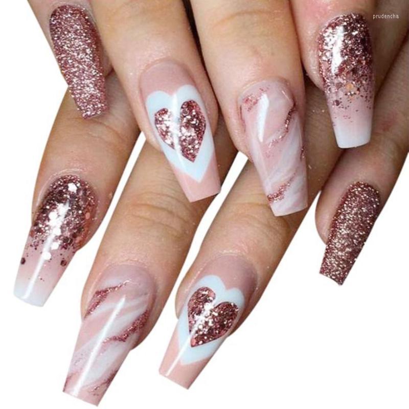 

False Nails 24Pcs Middle Length Ballerina Glitter Pink Color Design With Heart Pattern DIY Artificial Fake Press Glue Prud22, No glue