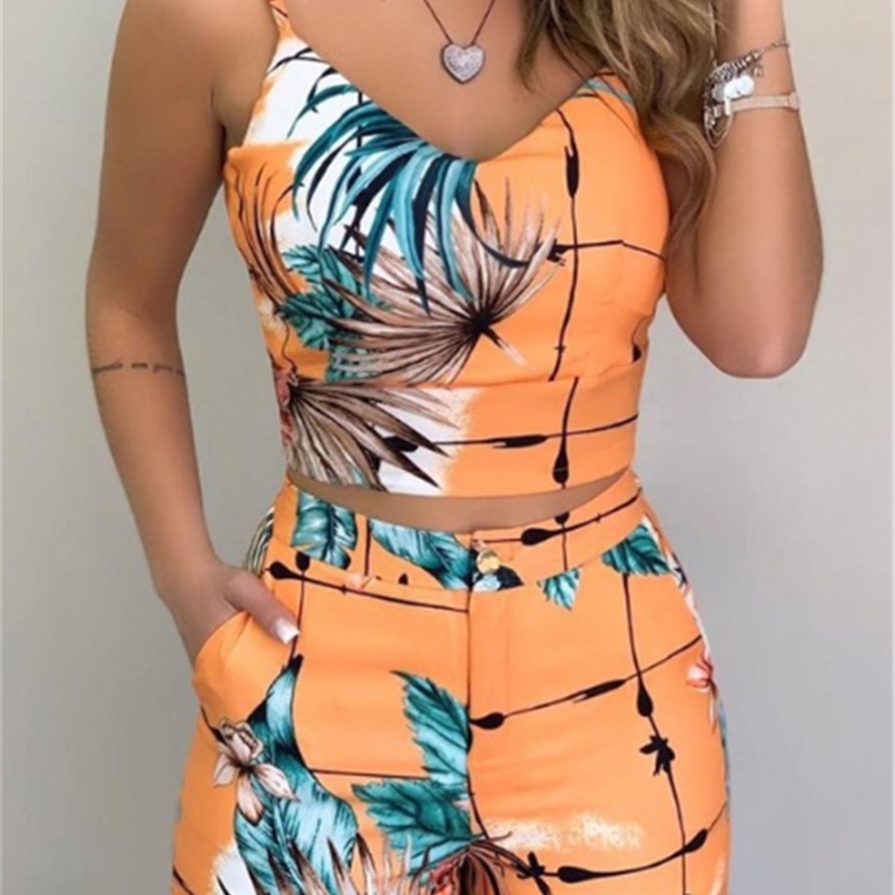 Fashion Women Shorts Suits 2Pieces Sets Summer Office Lady Floral Strap Tank Crop TopHigh Waist Button Shorts Female Outfits 220602