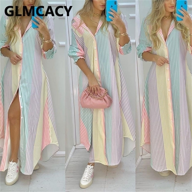 

Long Sleeve Striped Button Down Maxi Dress 220509, Mixed color