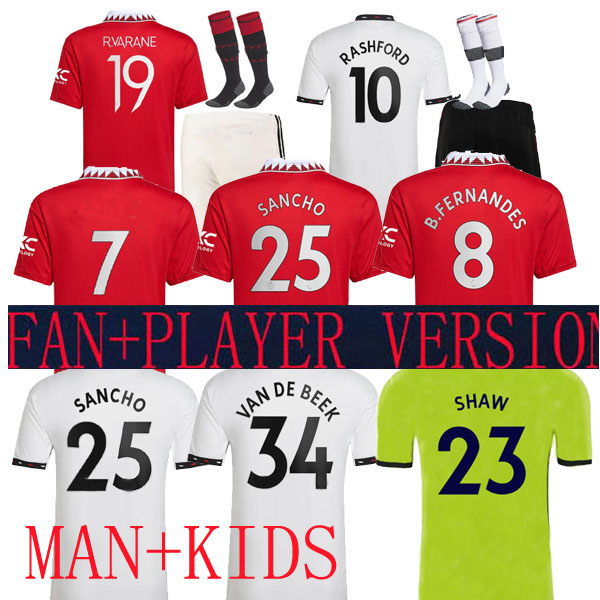 

SANCHO soccer jersey 22 23 RASHFORD SHAW Maguire 2022 2023 fans player version MANS UTDS Bruno Fernandes 8 Greenwood Varane away football shirt RED kids kit uniforms, Home man player version 2