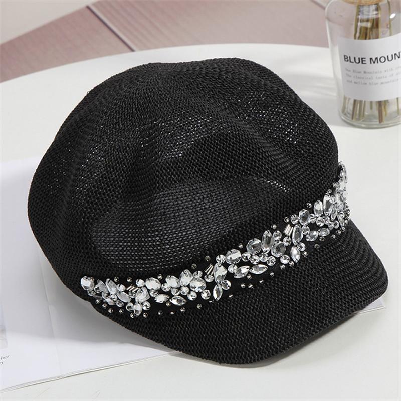 

Berets 202204-shi Drop Ventilation Rhinestone Flower Ribbon Sboy Cap Leisure Lady Octagonal Hat Women Visors CapBerets, Black