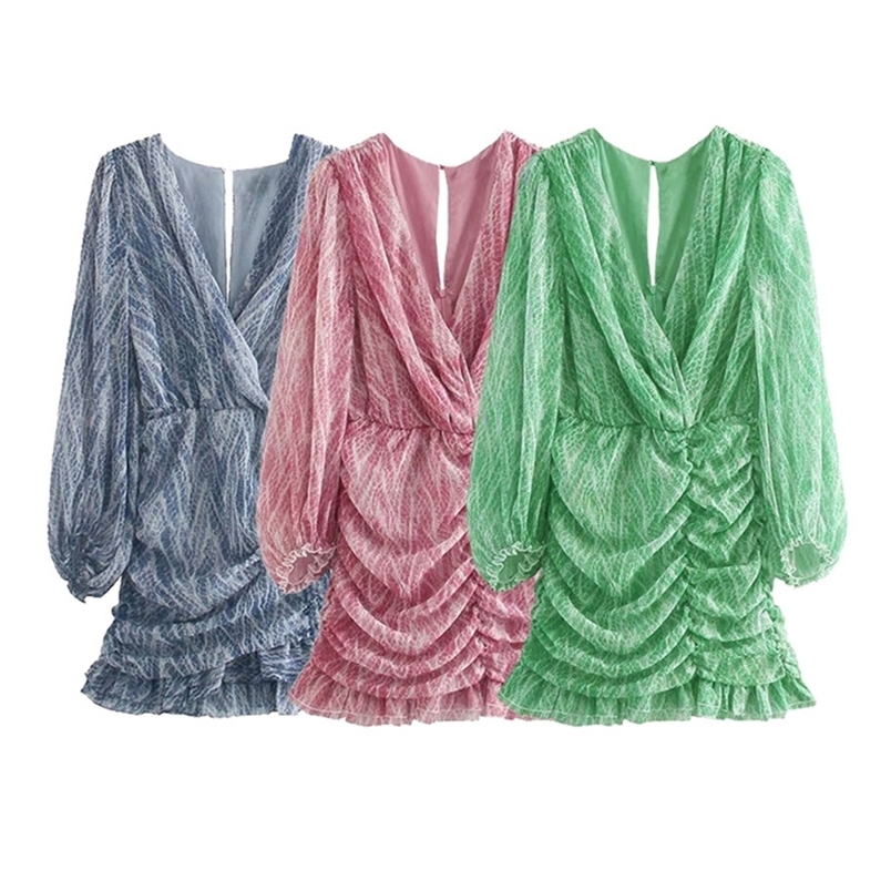 

TRAF Women Chic Fashion Animal Print Asymmetric Draped Mini Dress Vintage Long Sleeve Ruffled Female Dresses Mujer 220613, As pictuer