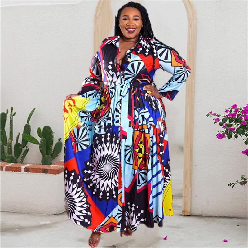

Plus Size Dresses Women Dress Mid-waist Commuter Cardigan Long Green Printed Shirt Autumn Spring Fashion Sleeve Loose, Blue