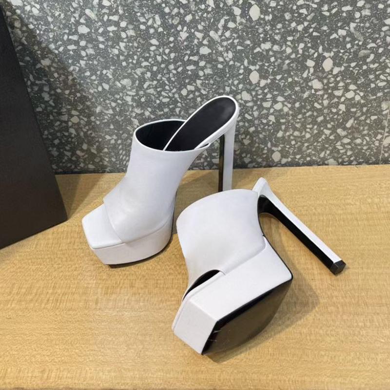 

Summer Fashion button Slippers Genuine Leather womens sandals 14CM Heeled platform Square head Exposed toe, Red