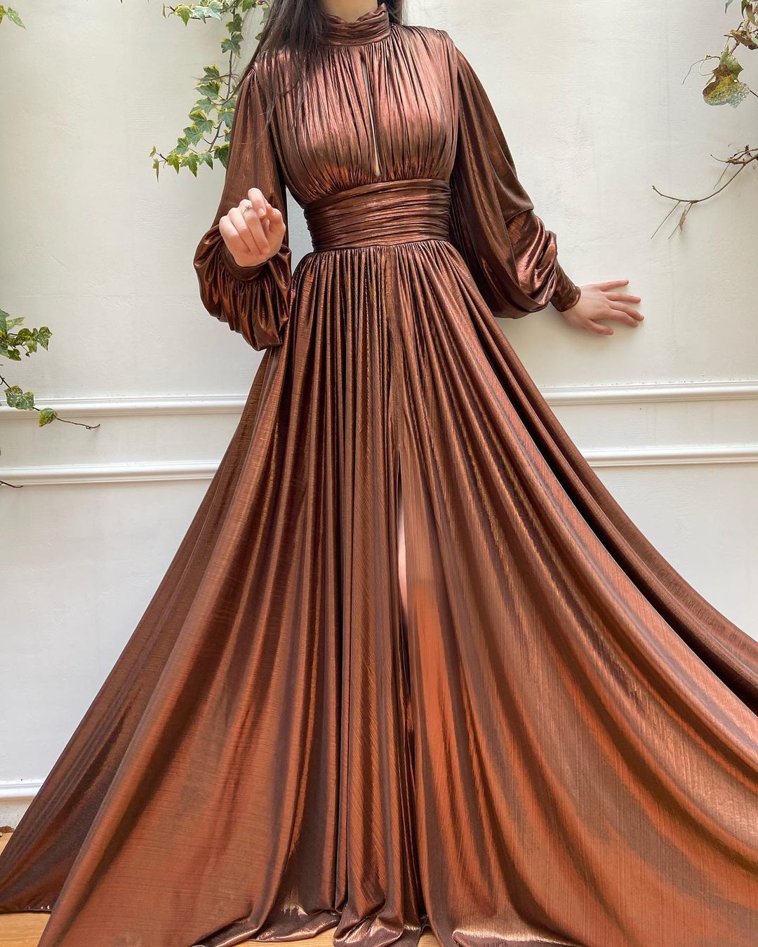 Femmes sexy brillant Olive vert robe boho printemps automne manches longues soirée de soirée élégante maxi slit gros swing robes formelles