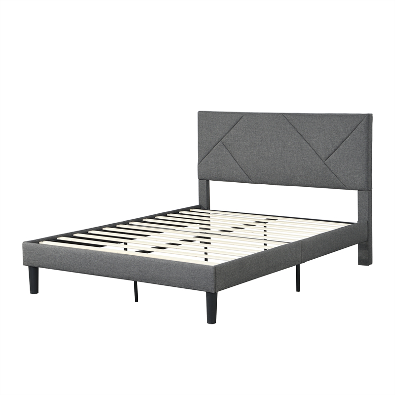 

Bedroom Furniture Queen Size Upholstered Platform Bed Frame with Headboard Strong Wood Slat Support Mattress Foundation No Box Spring Needed Easy Assembly Gray