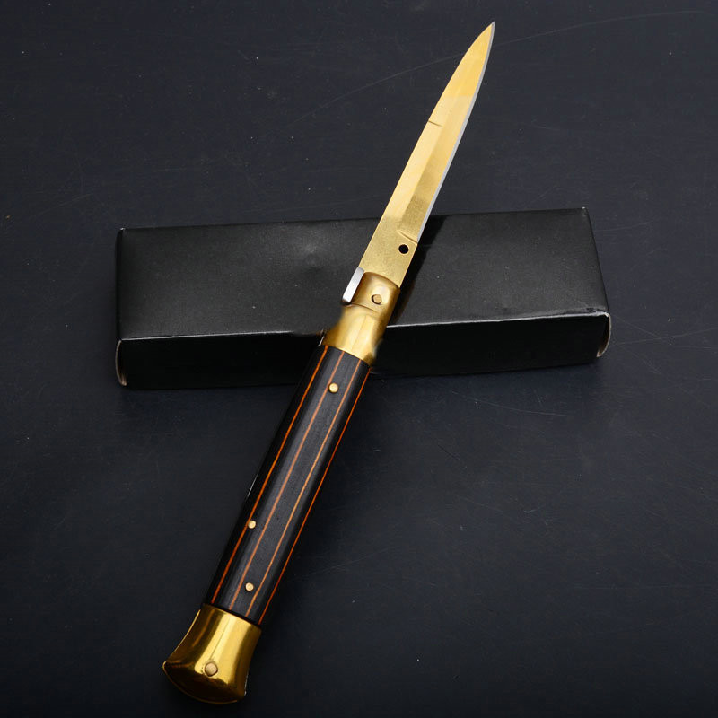 

9 Inch Italian Godfather Mafia Stiletto Tactical Folding Utility Knife 9cr18mov Gold Blade Horizontal Automatic Camping Hunting Survival EDC Tool
