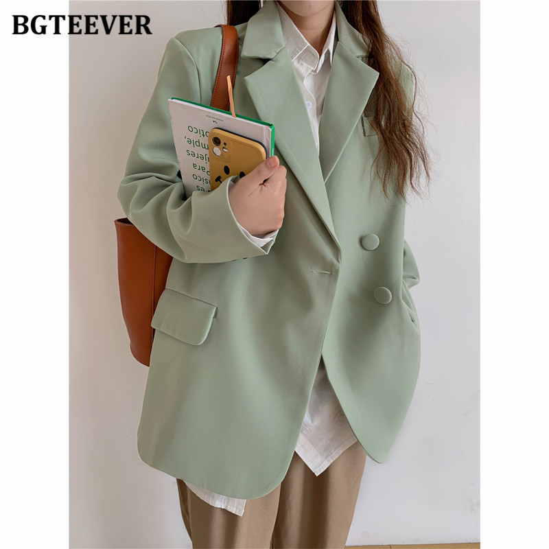 

Chic Notched Collar Single Breasted Mint Green Women Blazer 2021 New Fashion Loose Female Suit Jackets Spring Outwear, Black