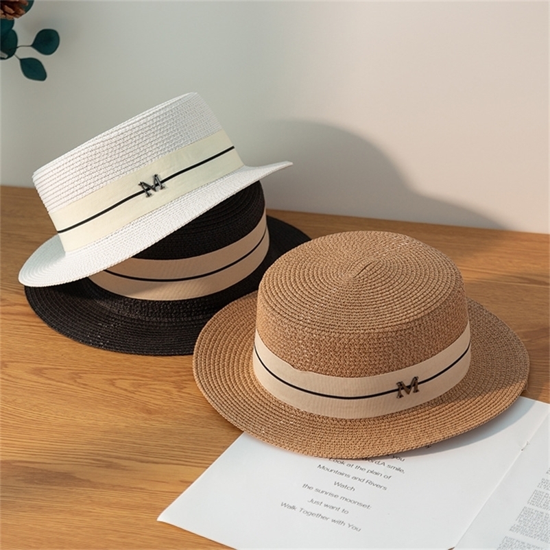 

Women Straw Hats Panama Wide Brim Jazz Summer Ladies Sun Simple Flat Top 220712, Beige