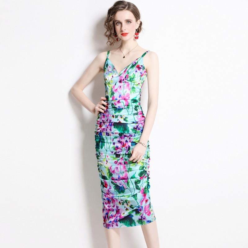 

Casual Dresses Summer Sexy Women's Printed Suspenders Open Back Pleated Satin Stretch Tight DressCasual, As picture
