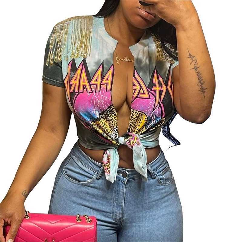 

Retail Womens Designer T-shirt Fashion Graffiti Print Cardigan Sexy Navel Exposed Tassel Short Sleeve Lace Up Blouse Tops, 5#enjoy