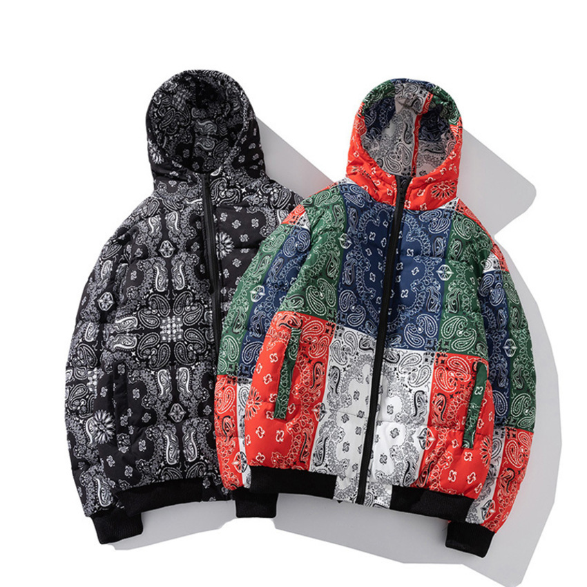 

Winter Jacket Men Bandana Print Patchwork Cotton Padded Coat Thick Warm Hooded Varsity College University Outerwear, Multi