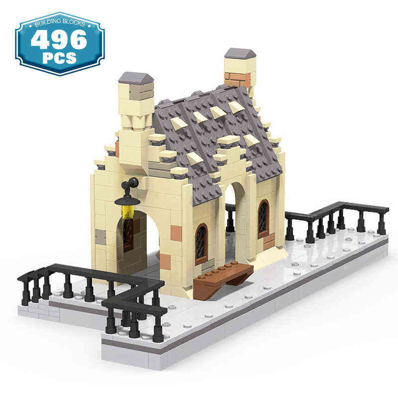 

MOC European Medieval Railway Station Street Magic School Movie Scene Building Blocks Train Track Bricks Model Toys for Boys T220719