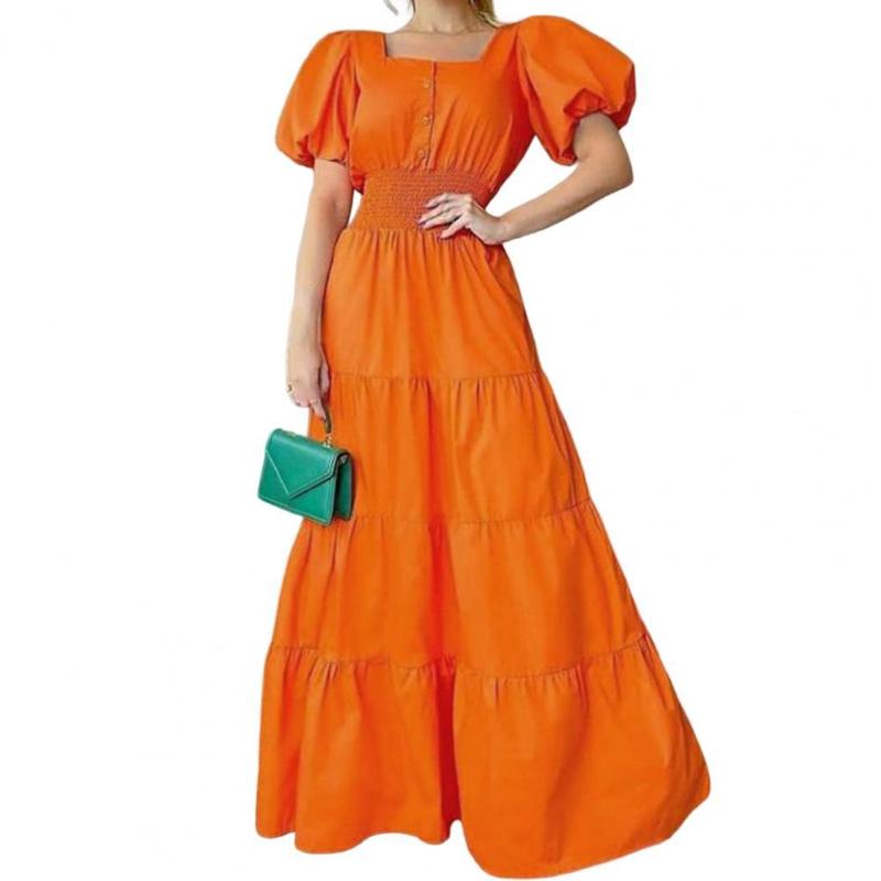 

Party Dresses Maxi Dress Square Neck Tight Waist Floor Length Bubble Sleeve Big Hem Women Elegant Shirt DressParty, Orange